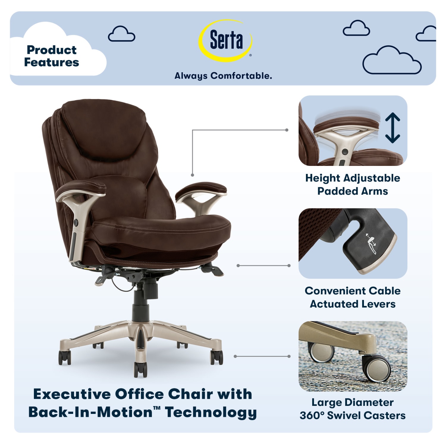 Serta Claremont Ergonomic Bonded Leather Mid-Back Office Chair, Old Chestnut/Silver - Image 5