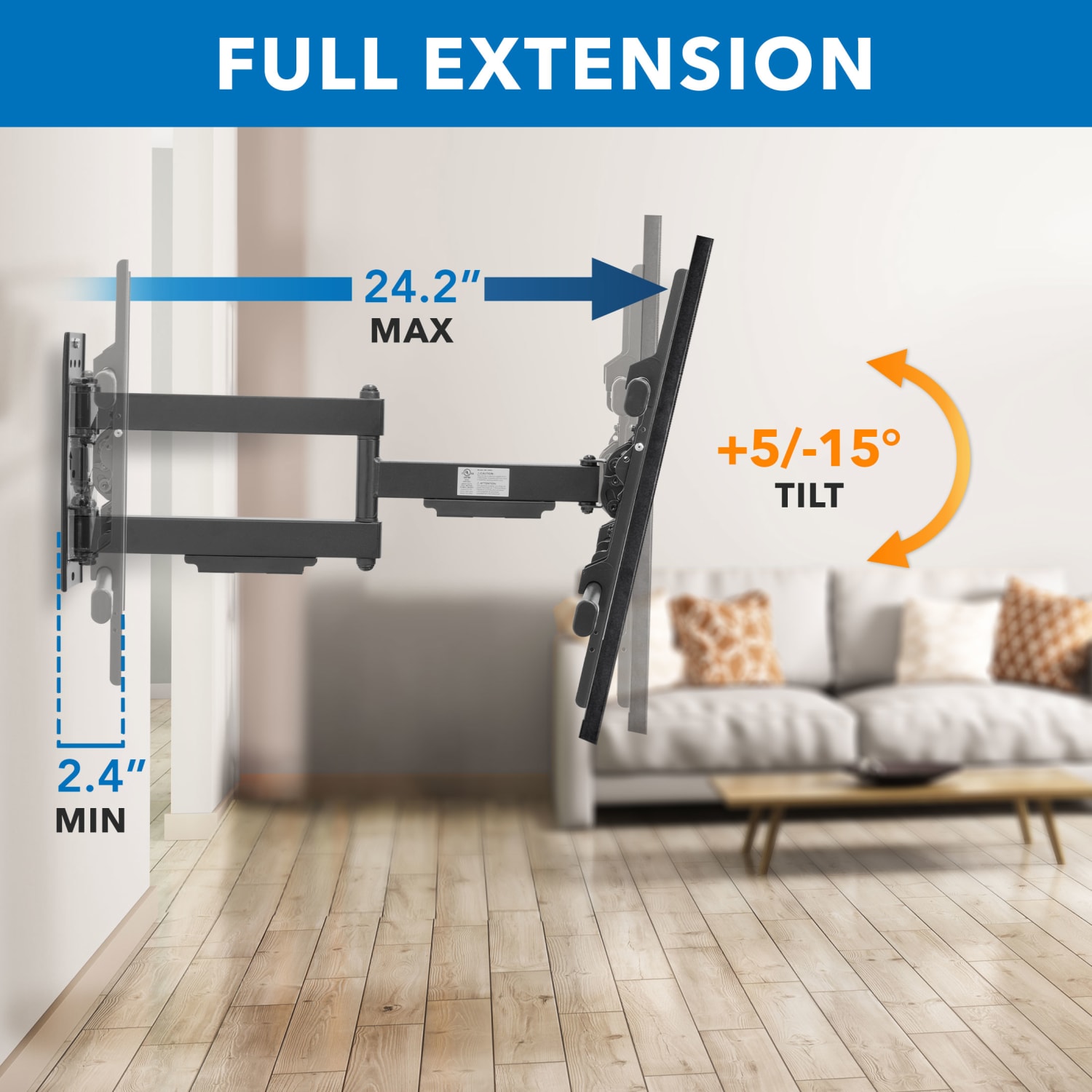 Mount-It! Heavy Duty Full Motion TV Wall Mount For Screen Sizes 37in To 80in, 2-3/4inH x 11-1/2inW x 28-1/2inD, Black - Image 6