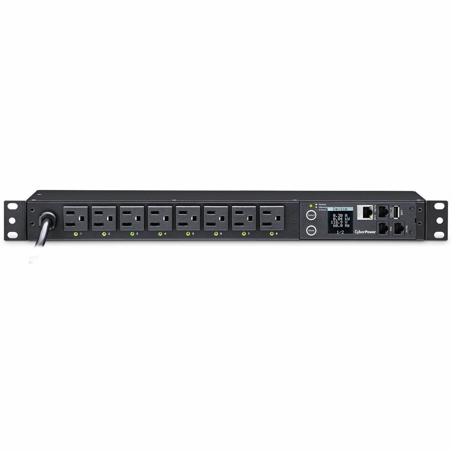 CyberPower PDU41001 Single Phase 100 - 120 VAC 15A Switched PDU - 8 Outlets, 12 ft, NEMA 5-15P, Horizontal, 1U, SNMP, LCD, 3YR Warranty