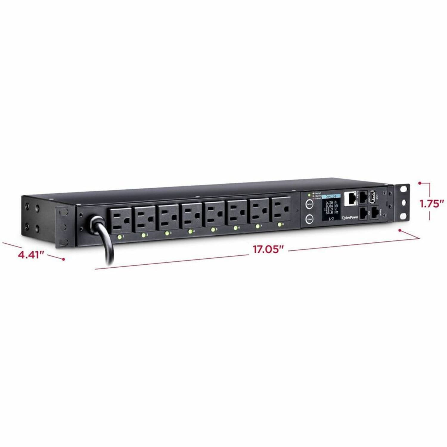 CyberPower PDU41001 Single Phase 100 - 120 VAC 15A Switched PDU - 8 Outlets, 12 ft, NEMA 5-15P, Horizontal, 1U, SNMP, LCD, 3YR Warranty - Image 6