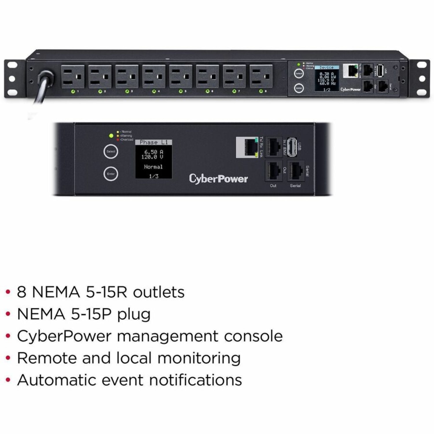 CyberPower PDU41001 Single Phase 100 - 120 VAC 15A Switched PDU - 8 Outlets, 12 ft, NEMA 5-15P, Horizontal, 1U, SNMP, LCD, 3YR Warranty - Image 5