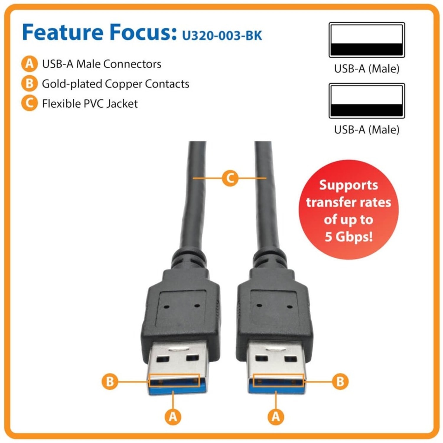 Eaton Tripp Lite Series USB 3.0 SuperSpeed A/A Cable (M/M), Black, 3 ft. (0.91 m) - USB cable - USB Type A (M) to USB Type A (M) - U320003BK - Image 6