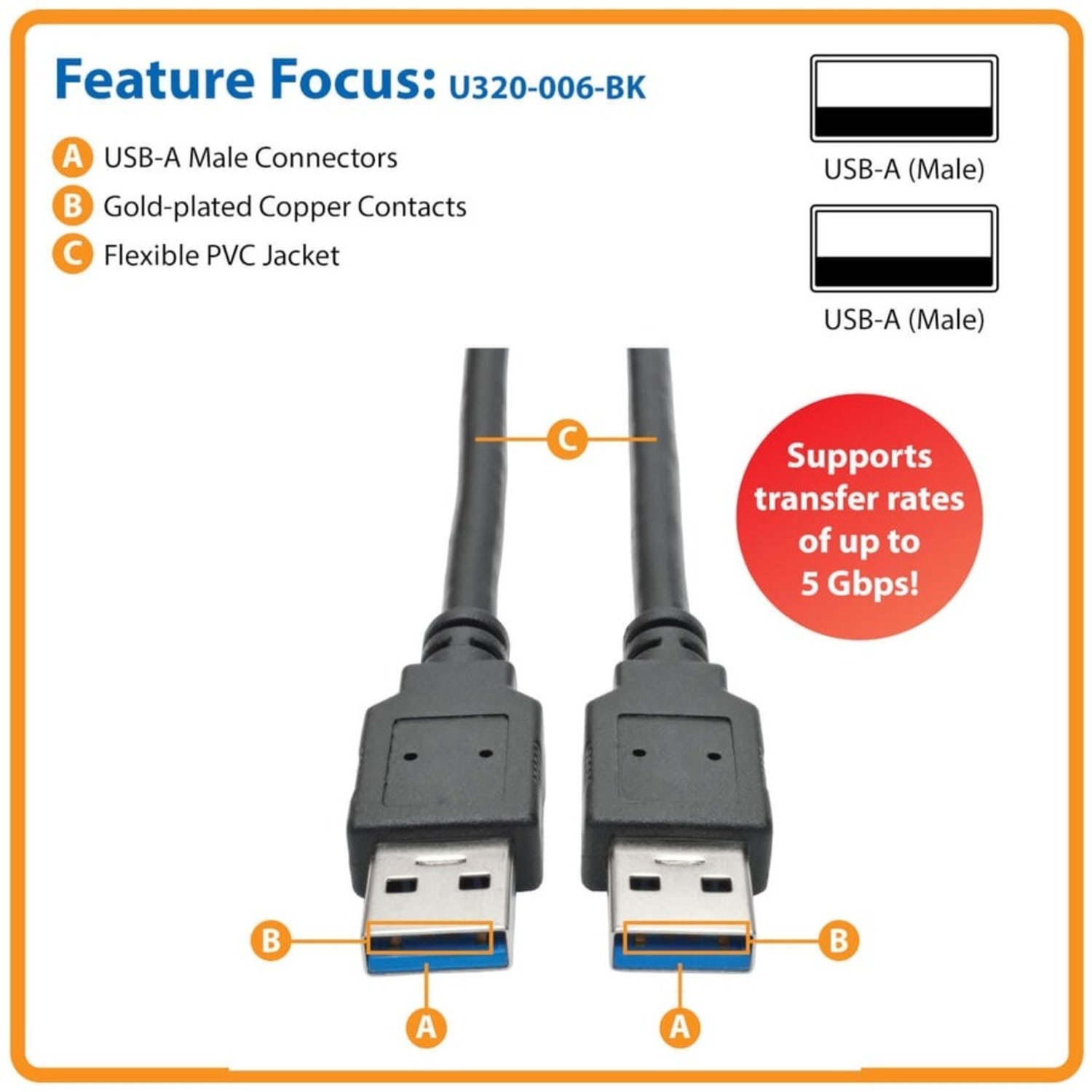 Eaton Tripp Lite Series USB 3.0 SuperSpeed A/A Cable (M/M), Black, 6 ft. (1.83 m) - USB cable - USB Type A (M) to USB Type A (M) - U320006BK - Image 6