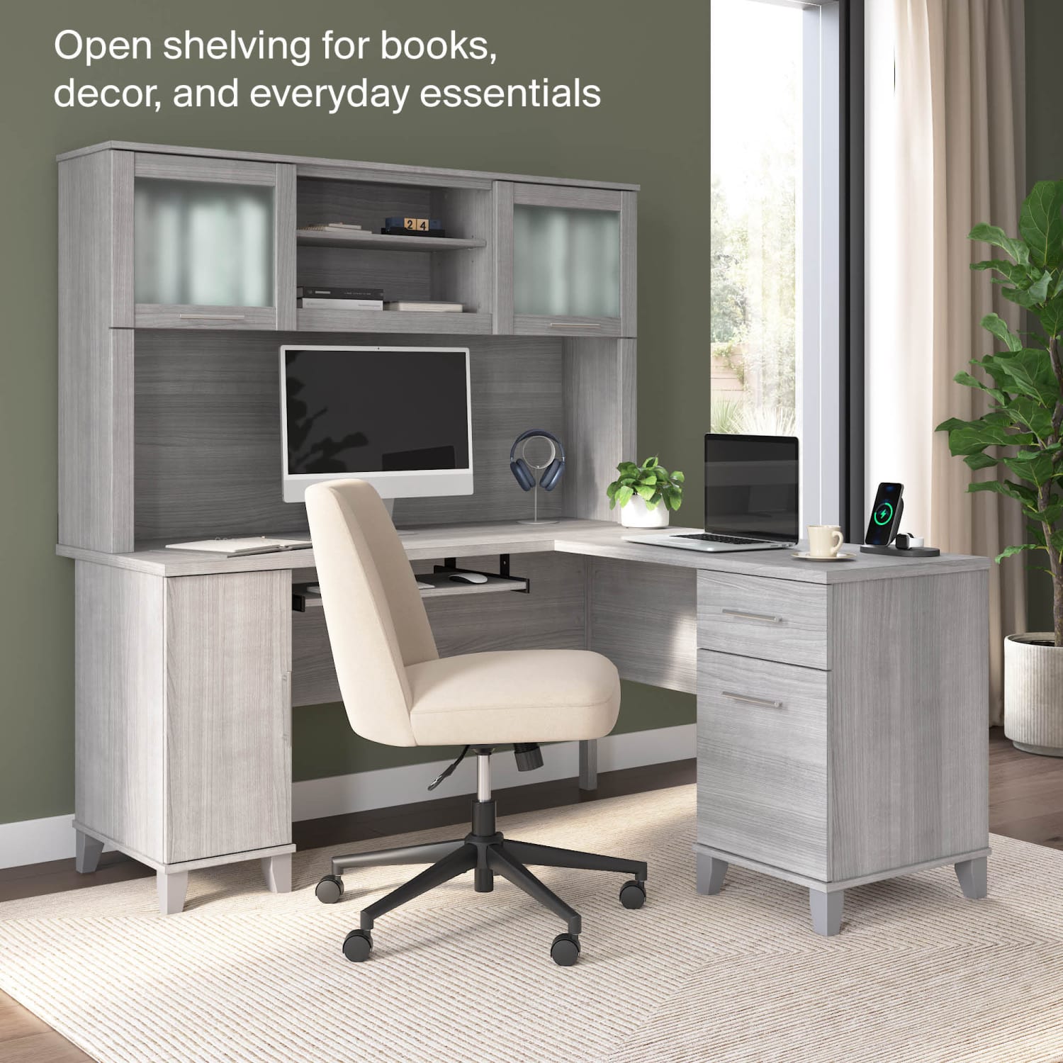 Bush Furniture Hutch For L-Shaped Desk, 60inW, Platinum Gray, Standard Delivery - Image 4