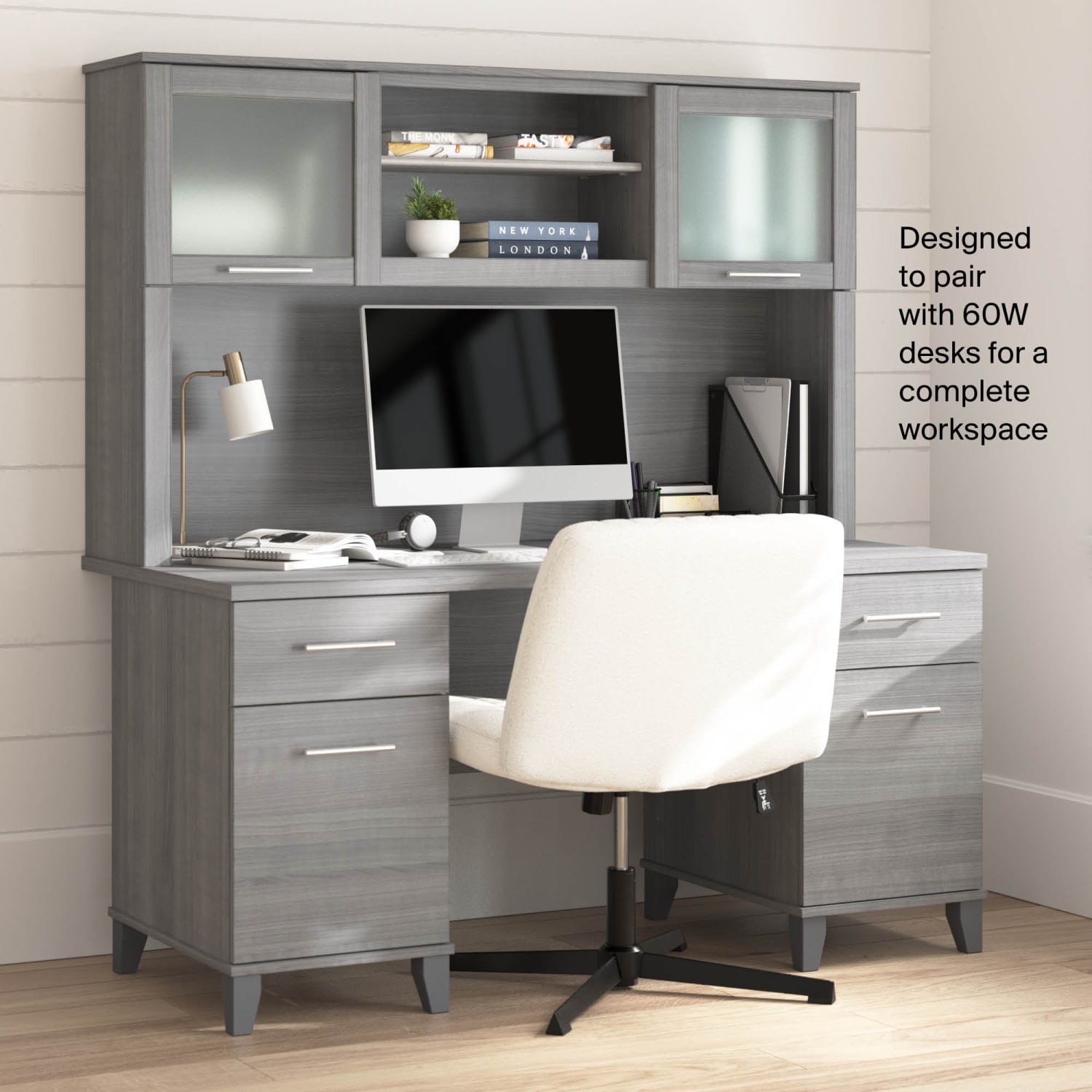 Bush Furniture Hutch For L-Shaped Desk, 60inW, Platinum Gray, Standard Delivery - Image 6