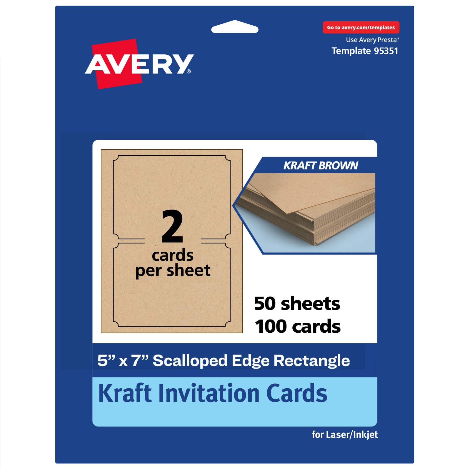 Avery Printable Invitation Cards, 5in x 7in Rectangle Scalloped Edge, Kraft Brown, Pack Of 100