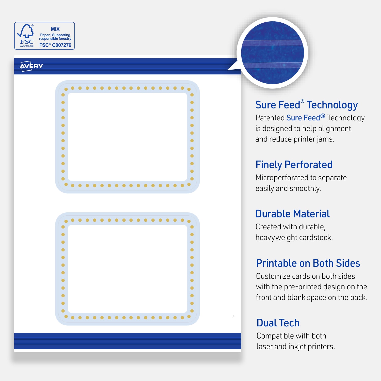 Avery Printable Postcards With Sure Feed Technology, 4.25in x 5-1/2in, Matte White With Gold Dots/Blue Border Design, Pack Of 20 - Image 5