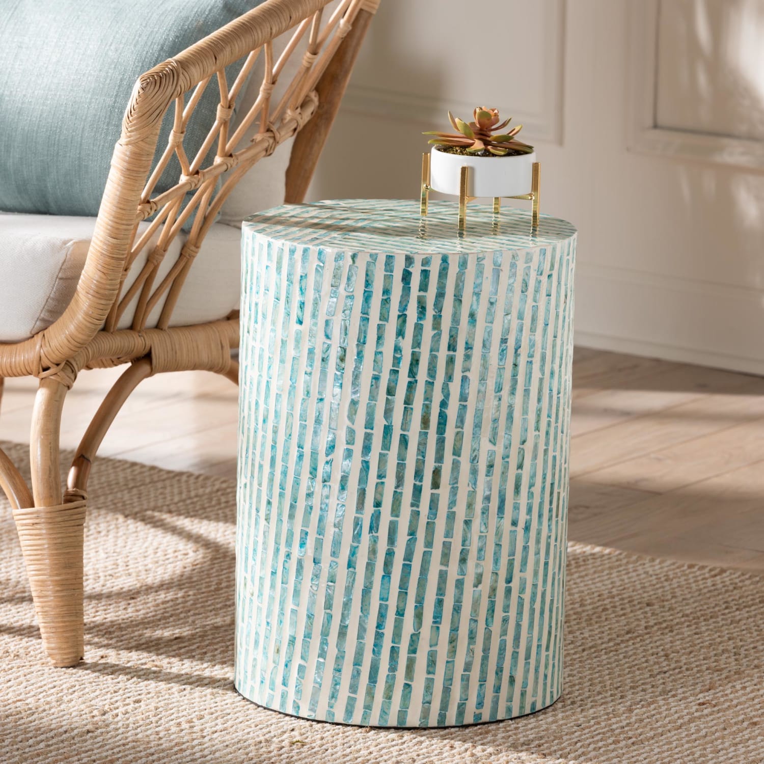 Baxton Studio Draven Modern Bohemian Mother Of Pearl Round End Table, 18-1/2inH x 13inW x 13inD, White/Blue - Image 6