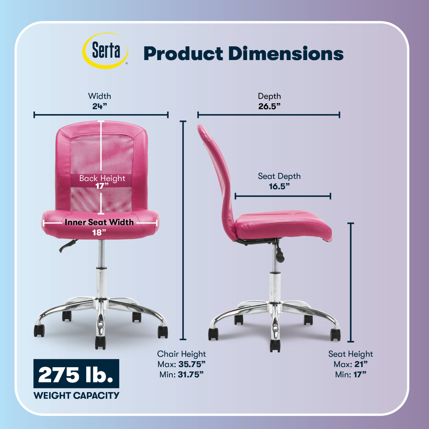 Serta Essentials Mid-Back Computer Chair, Teamwork Pink/Chrome - Image 3
