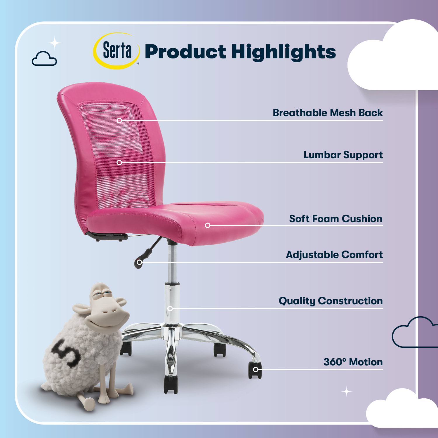 Serta Essentials Mid-Back Computer Chair, Teamwork Pink/Chrome - Image 4