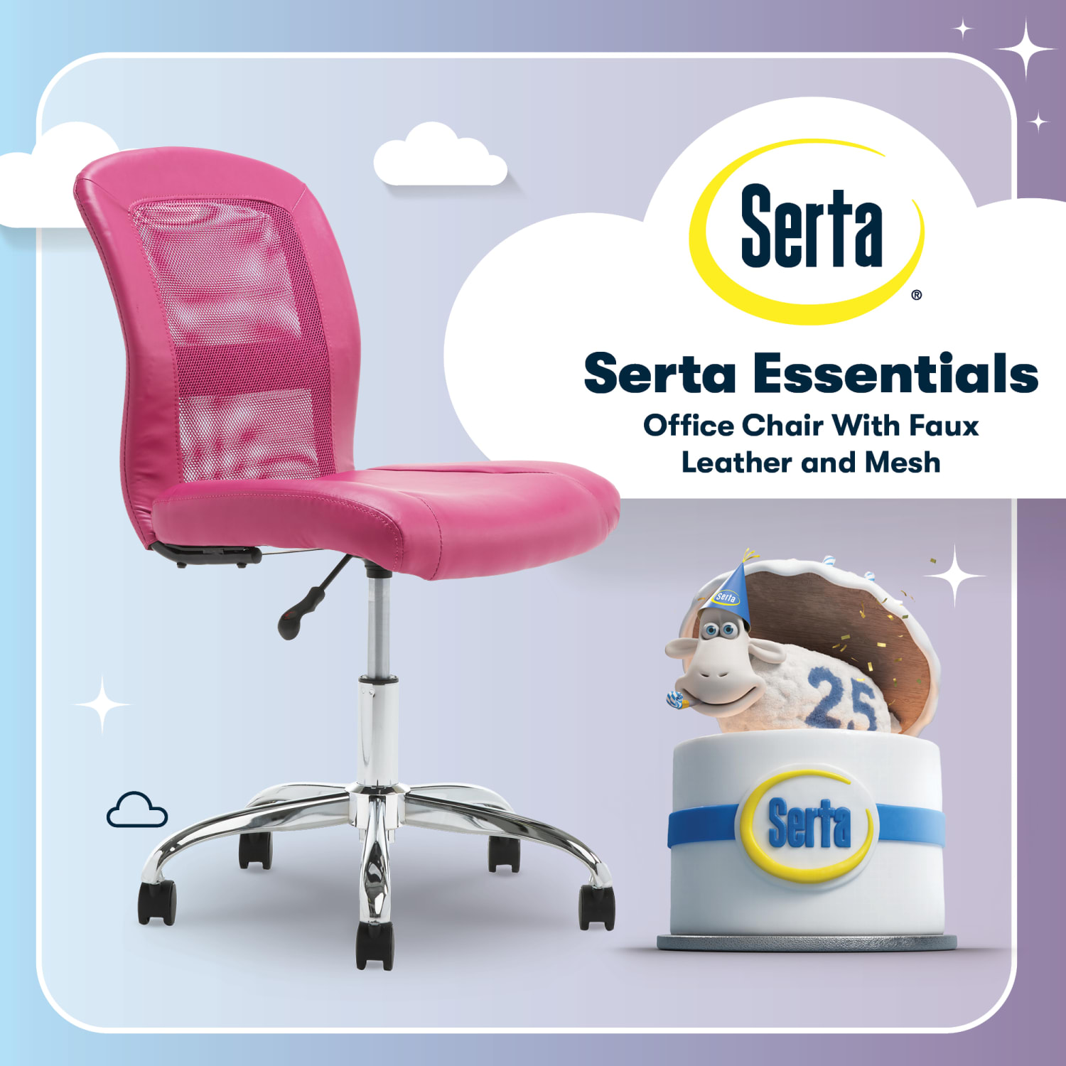Serta Essentials Mid-Back Computer Chair, Teamwork Pink/Chrome - Image 5