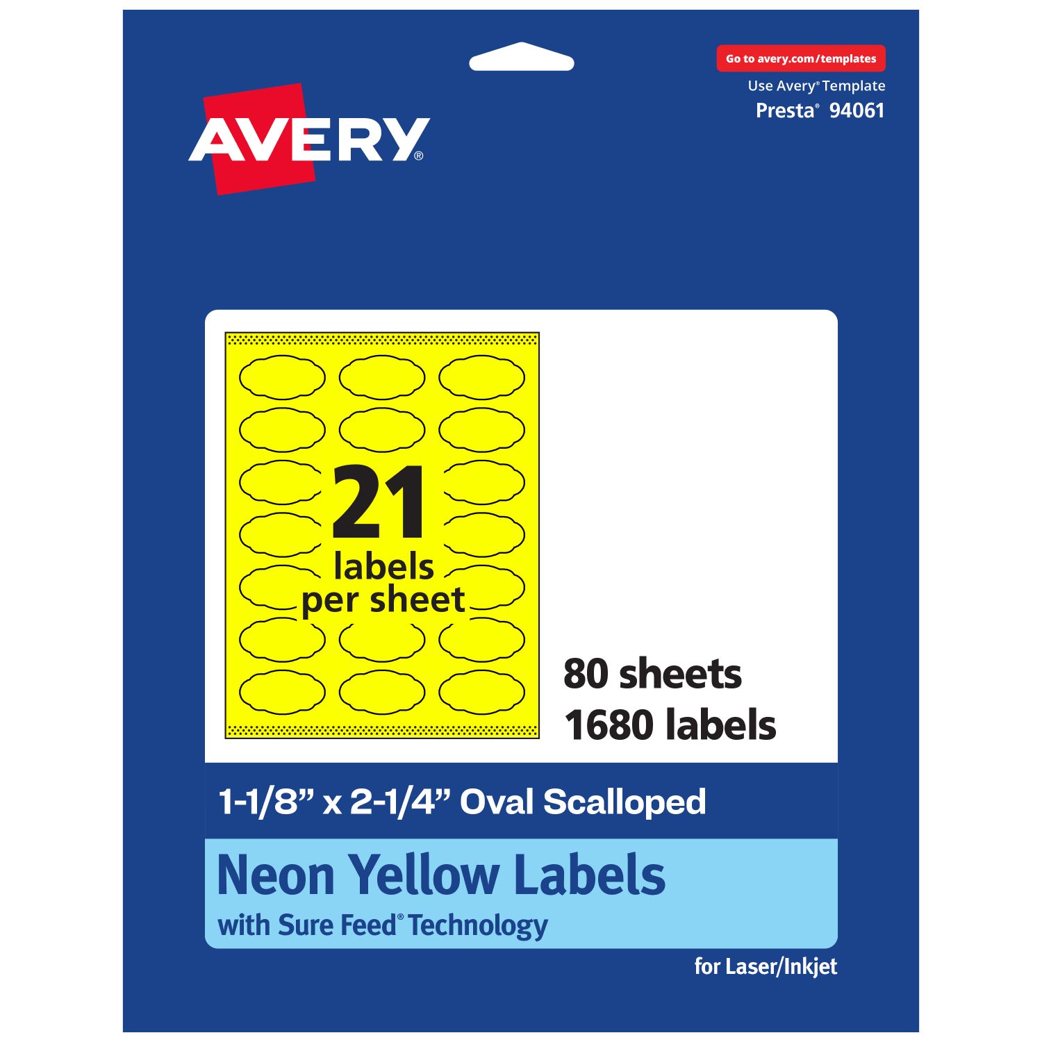 Avery Print-To-The-Edge Labels With Sure Feed Technology And Easy Peel, 94061-NYP80, Oval Scalloped, 1-1/8inx2-1/4in, Matte Neon Yellow, Pack of 1680