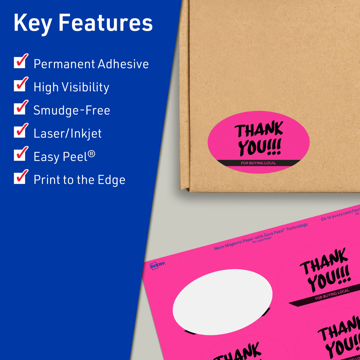 Avery Print-To-The-Edge Labels With Sure Feed Technology And Easy Peel, 94056-NMP80, Oval, 2in x 3-1/3in, Matte Neon Magenta, Pack of 640 - Image 3