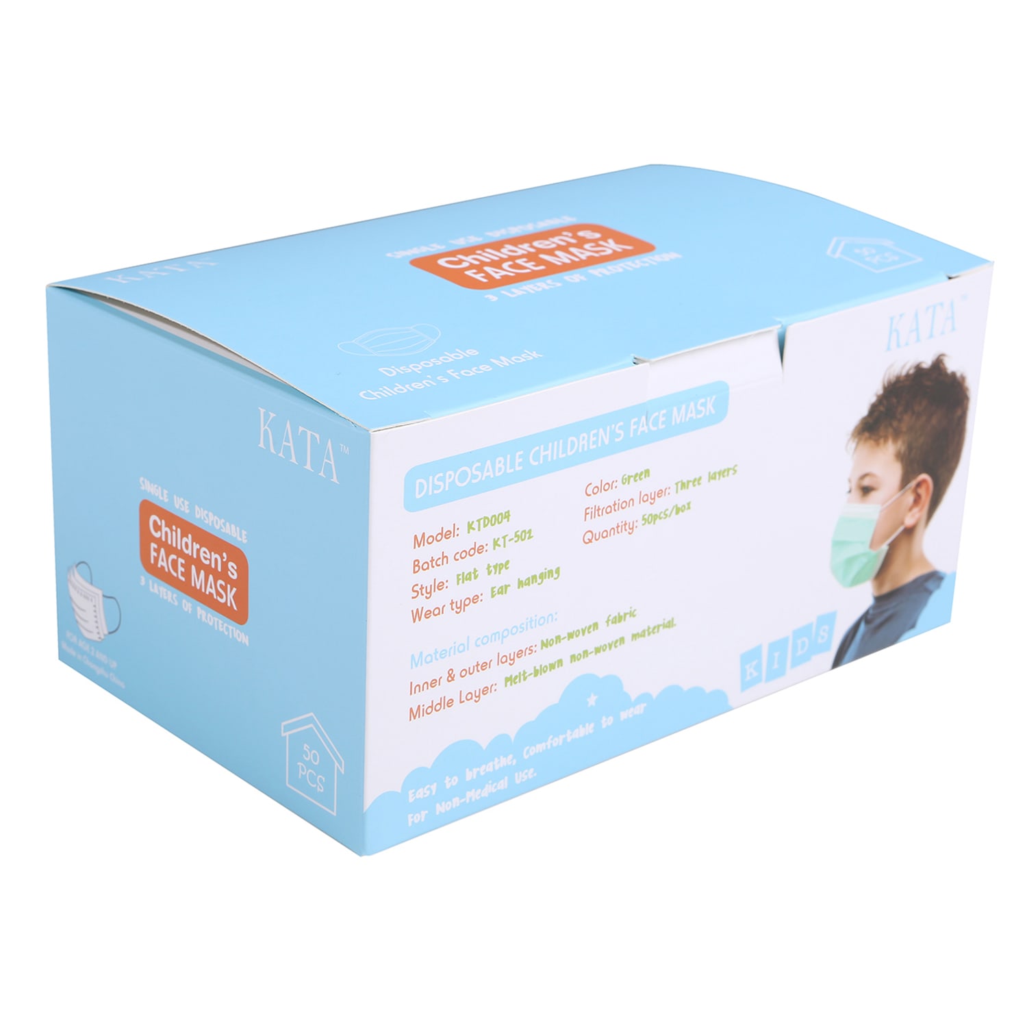 Kata 3-Ply Pleated Disposable Childrens Face Masks, One Size, Green, Box Of 50 Masks - Image 5