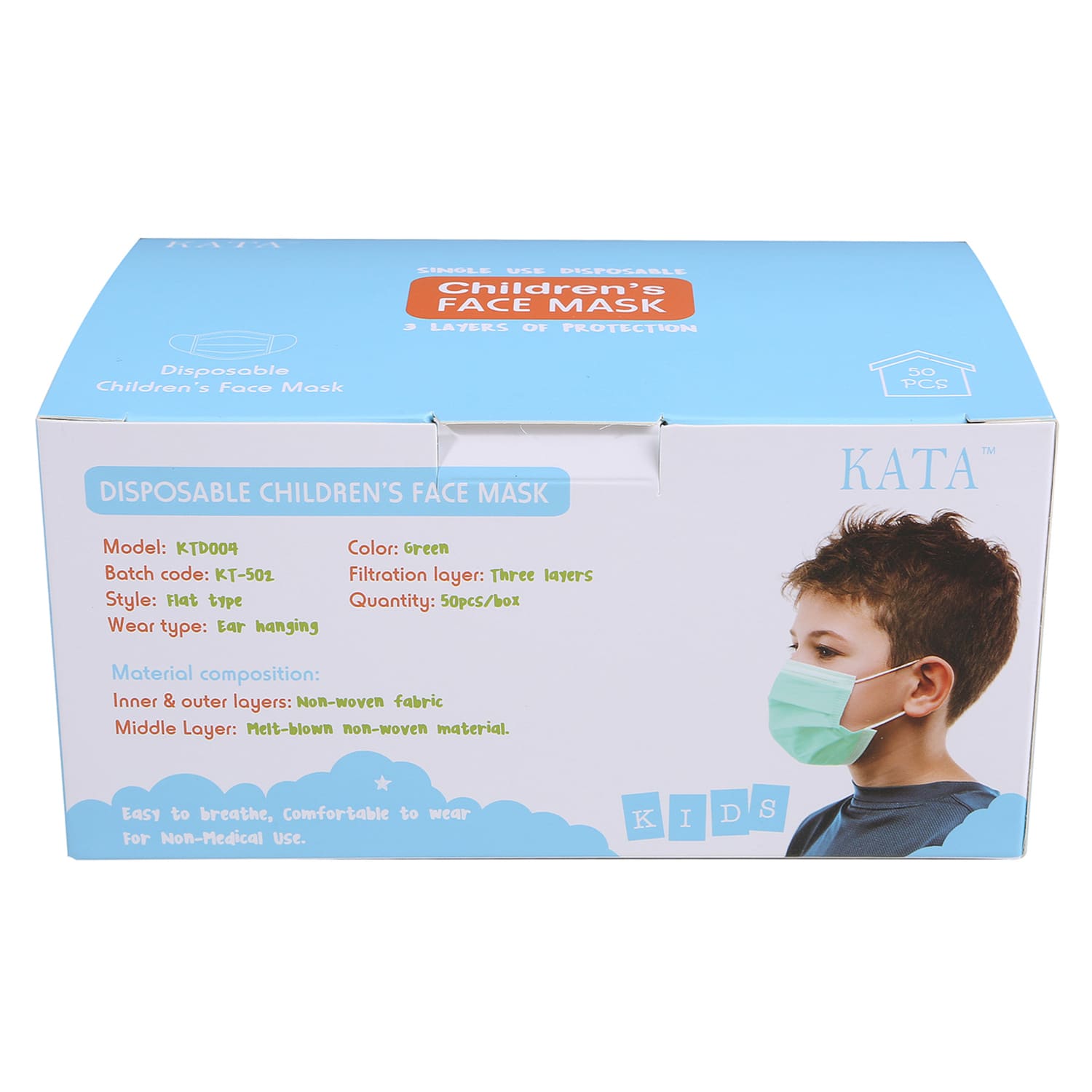 Kata 3-Ply Pleated Disposable Childrens Face Masks, One Size, Green, Box Of 50 Masks - Image 6