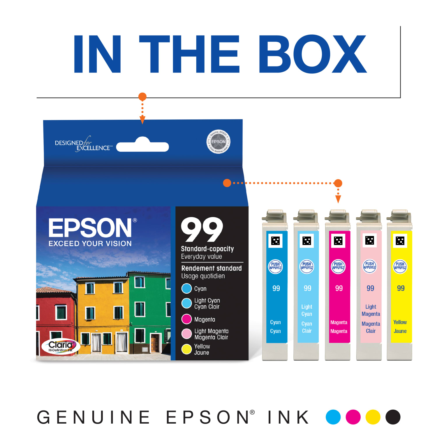 Epson 99 Claria Cyan, Magenta, Yellow Ink Cartridges, Pack Of 3, T099920 - Image 3