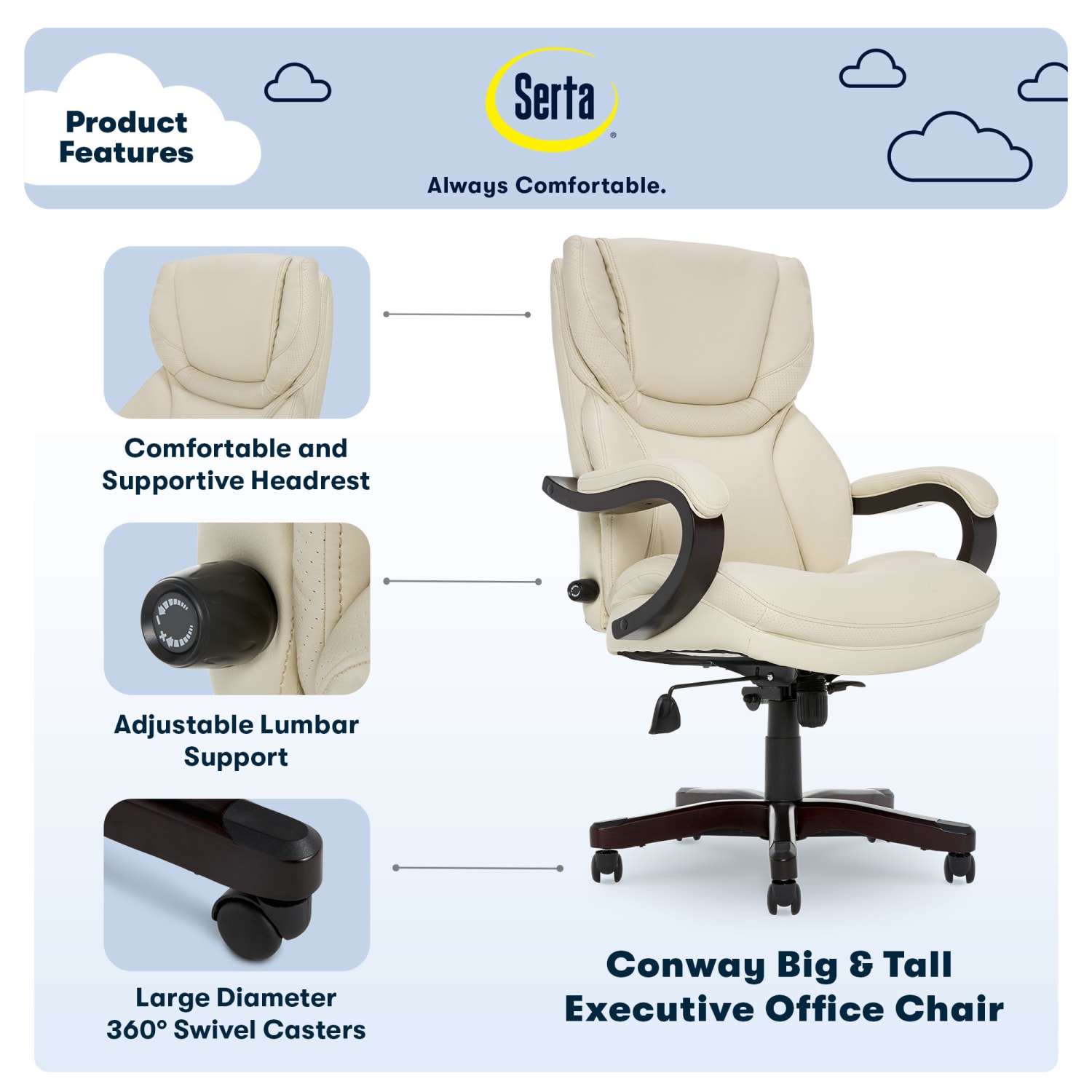 Serta Conway Big & Tall Bonded Leather High-Back Office Chair, Inspired Ivory/Espresso - Image 5