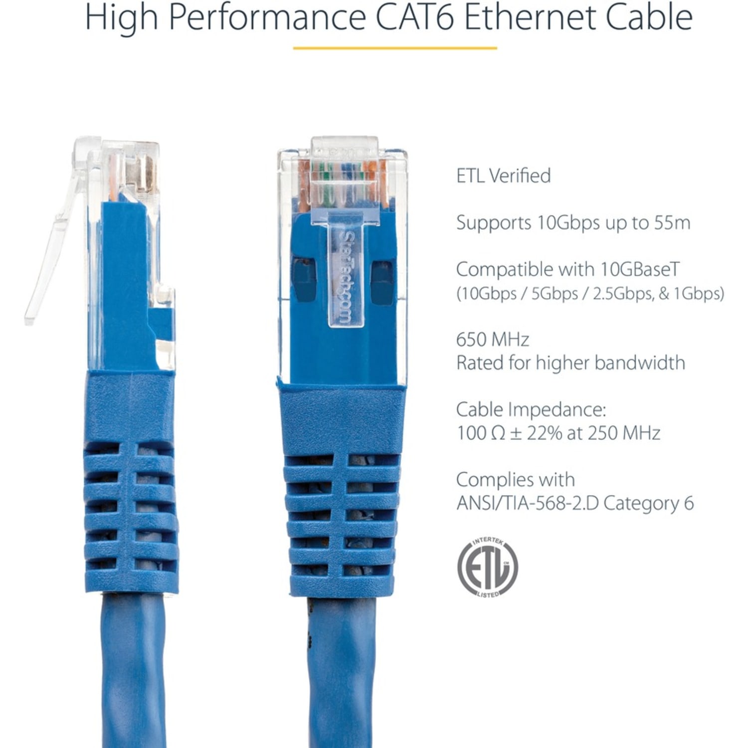 StarTech.com 5ft CAT6 Ethernet Cable - Blue Molded Gigabit - 100W PoE UTP 650MHz - Category 6 Patch Cord UL Certified Wiring/TIA - 5ft Blue CAT6 Ethernet cable delivers Multi Gigabit 1/2.5/5Gbps & 10Gbps up to 160ft - 650MHz - Image 5