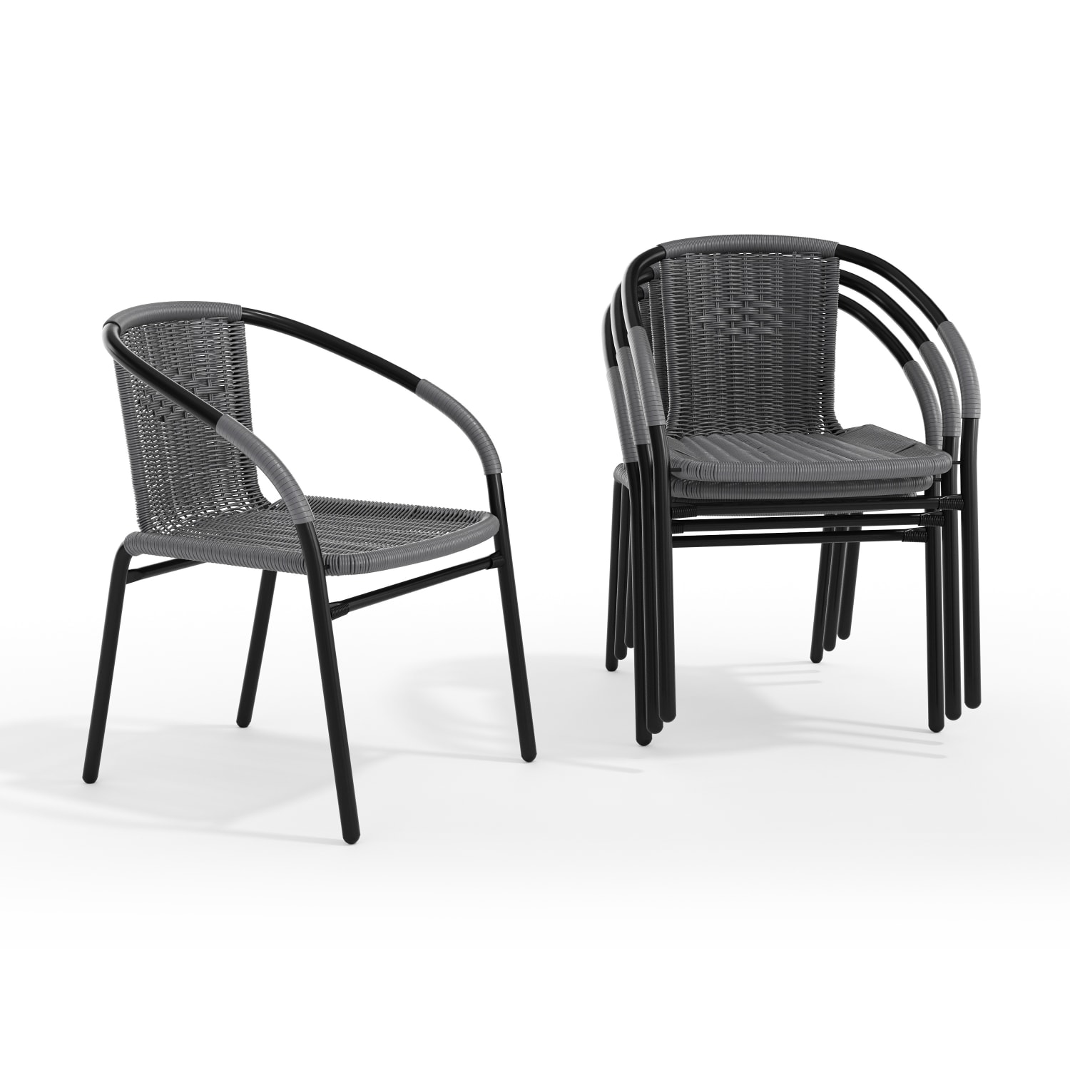 Flash Furniture Rattan Indoor/Outdoor Restaurant Stack Chairs, Gray, Pack Of 4 Chairs