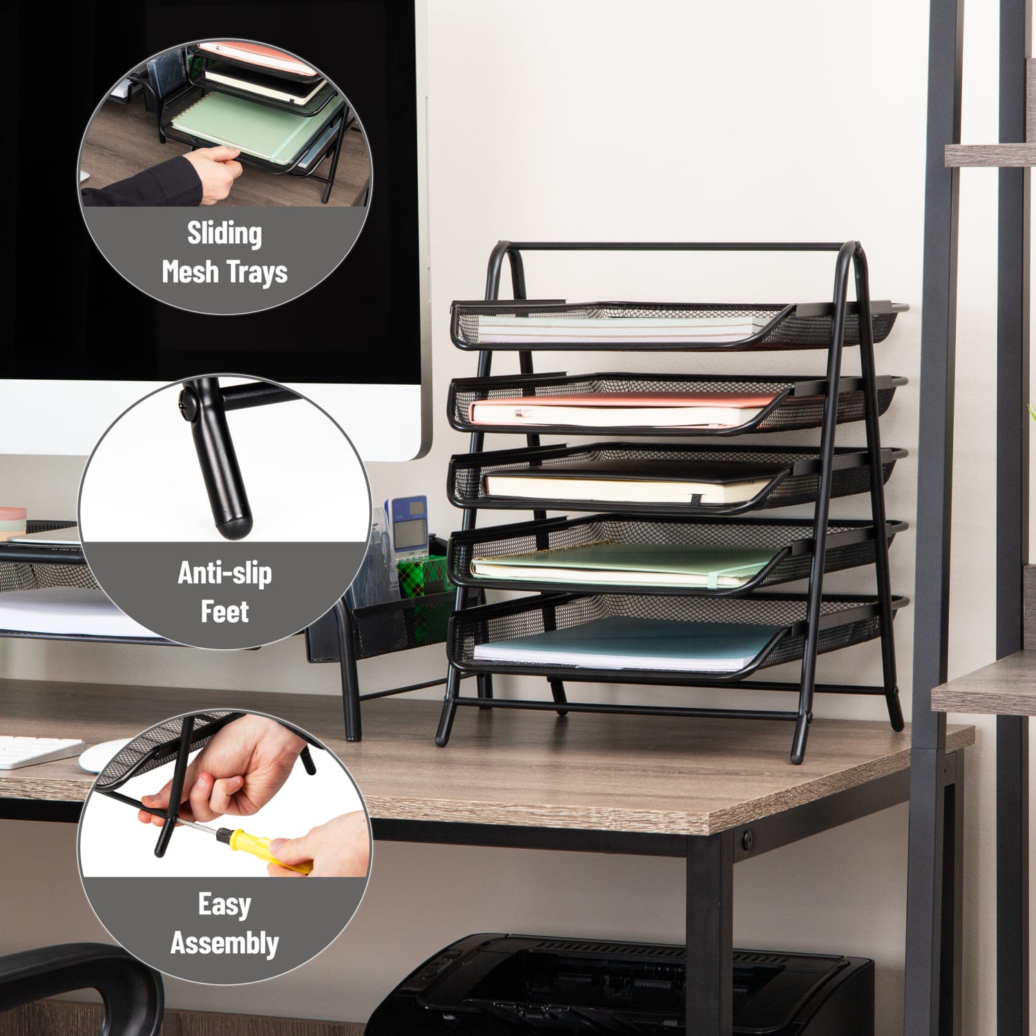 Mind Reader 5-Tier Paper Tray Desktop Organizer Metal Mesh, 14-1/2inH x 14inW x 11-3/4in L, Black - Image 5