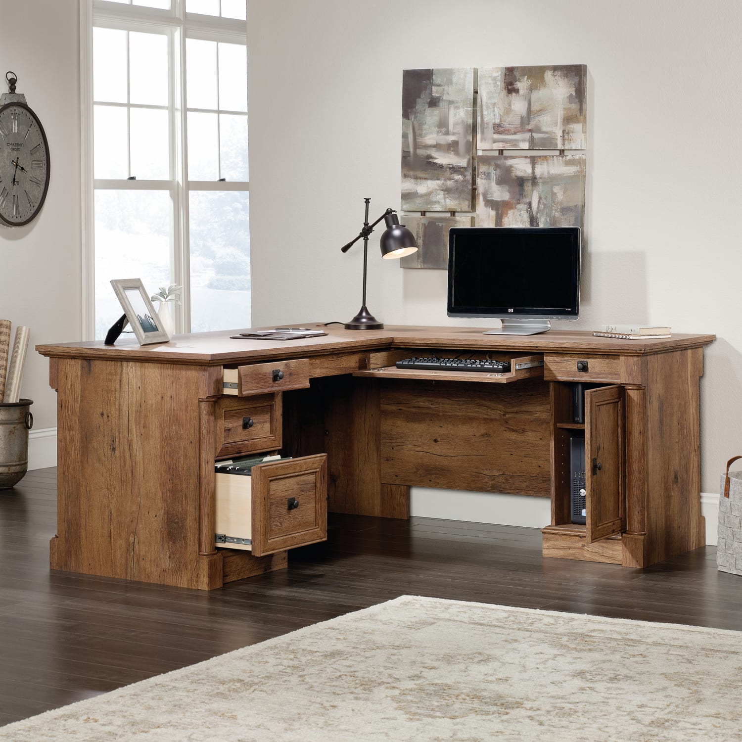 Sauder Palladia 66inW L-Shaped Corner Desk, Vintage Oak - Image 4