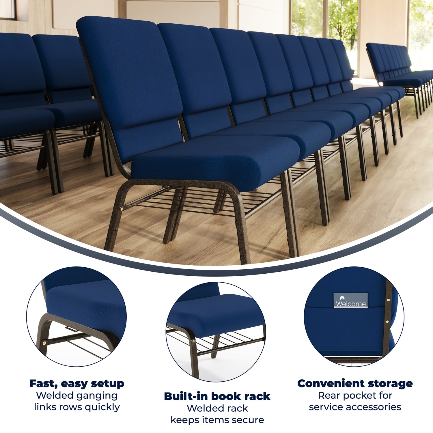 Flash Furniture HERCULES Series Church Accent Chair With Book Rack, Navy Blue Fabric/Goldvein Frame - Image 4