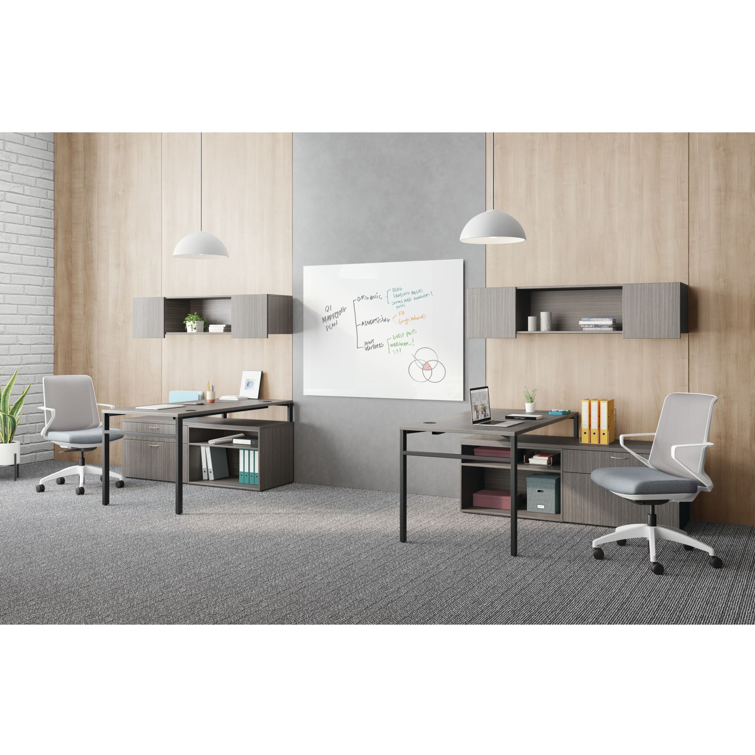 HON Mod 60inW Computer Desk Workstation With Wall Mount Storage And 2 Credenzas, Slate Teak/Black - Image 3