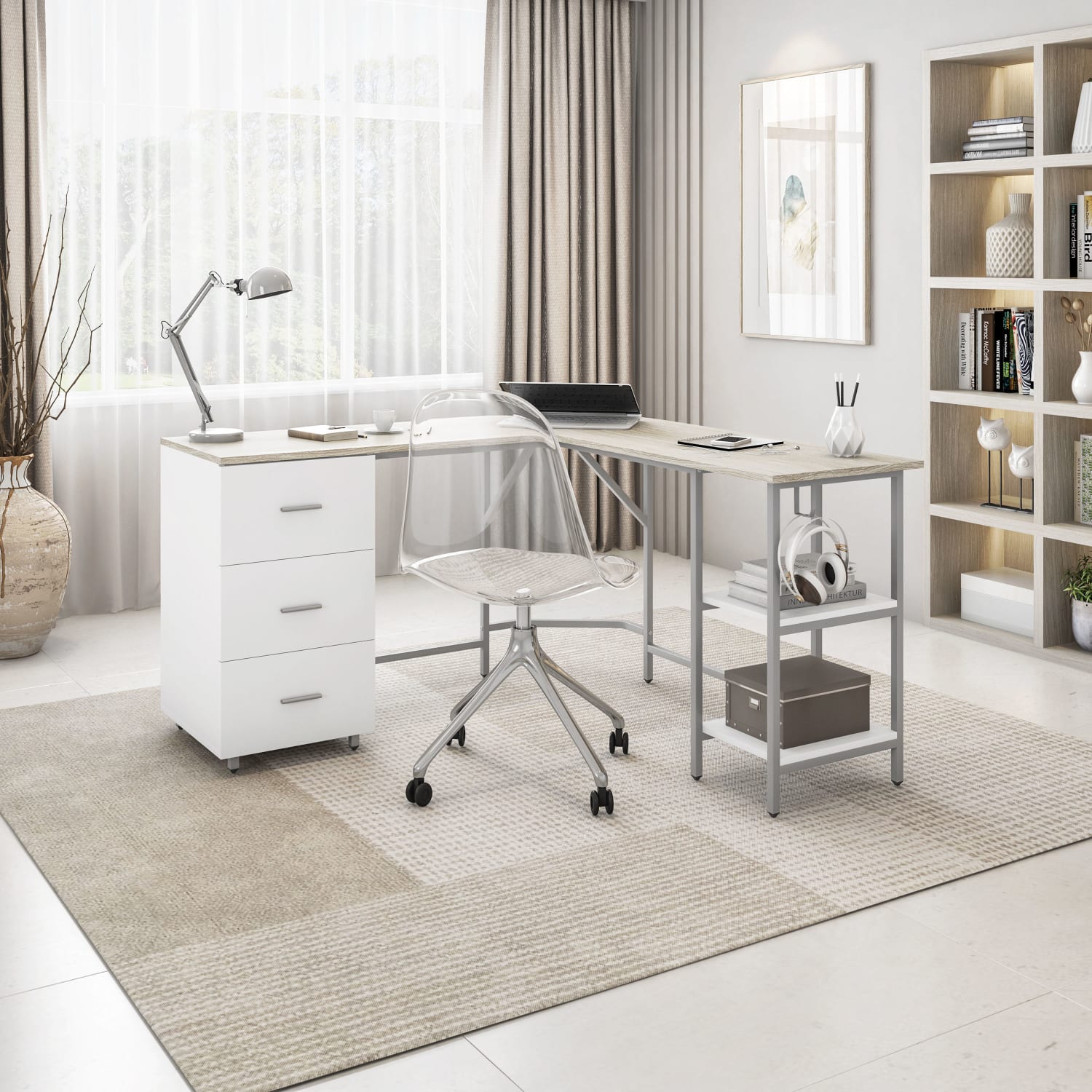 Techni Mobili 59inW L-Shaped 2-Tone Home Office Computer Desk With Storage, Sand - Image 3