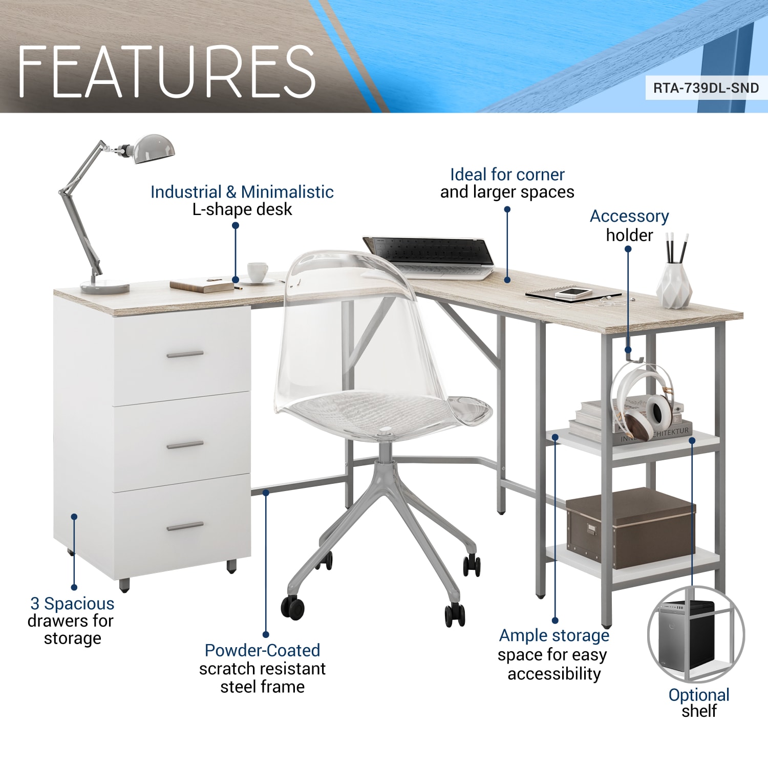 Techni Mobili 59inW L-Shaped 2-Tone Home Office Computer Desk With Storage, Sand - Image 4