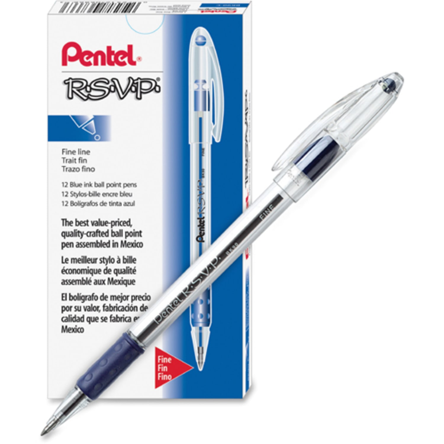 Pentel R.S.V.P. Ballpoint Pens, Fine Point, 0.7 mm, Clear Barrel, Blue Ink, Pack of12 - Image 3