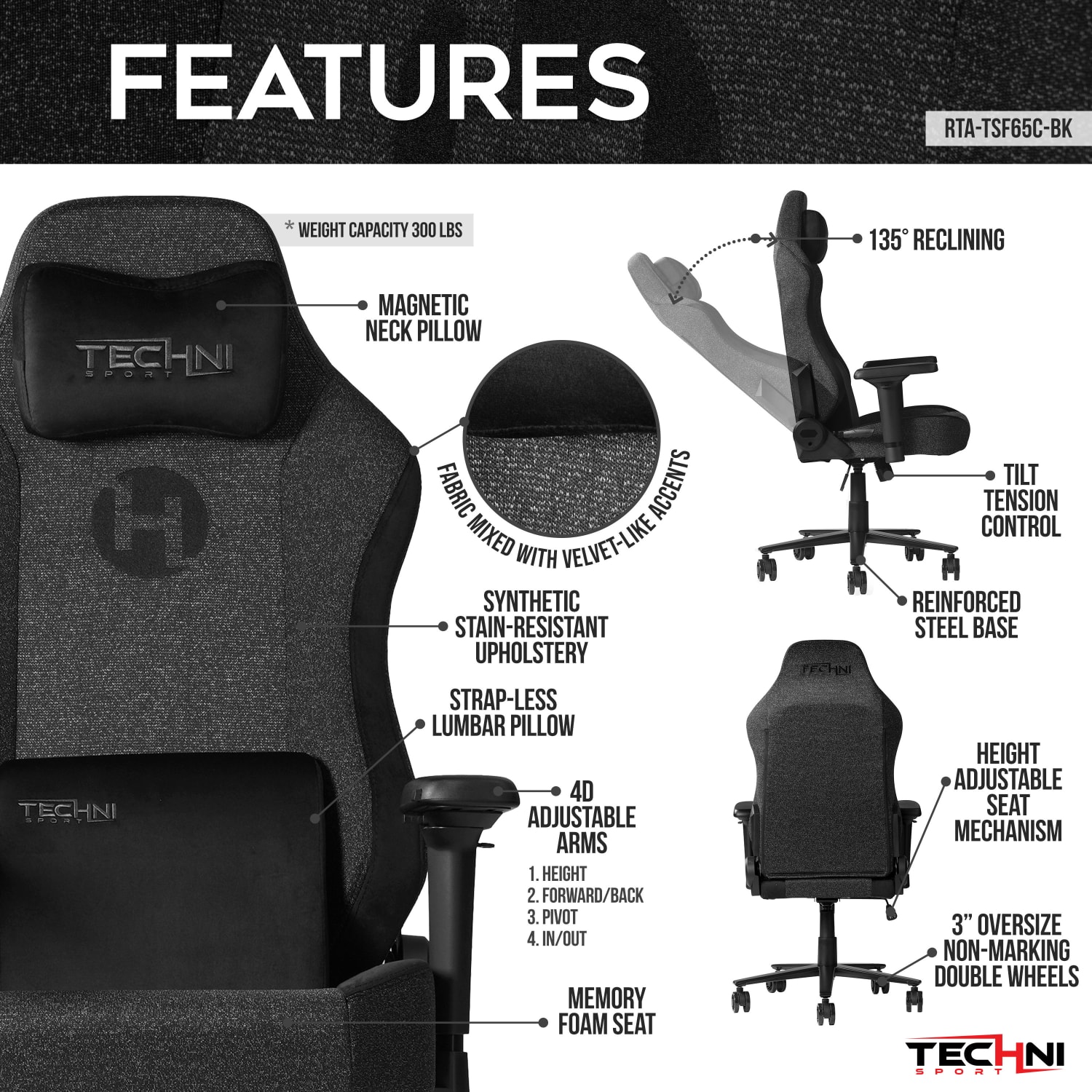Techni Sport Orion Series Ergonomic Fabric Computer Gaming Chair, Black - Image 4