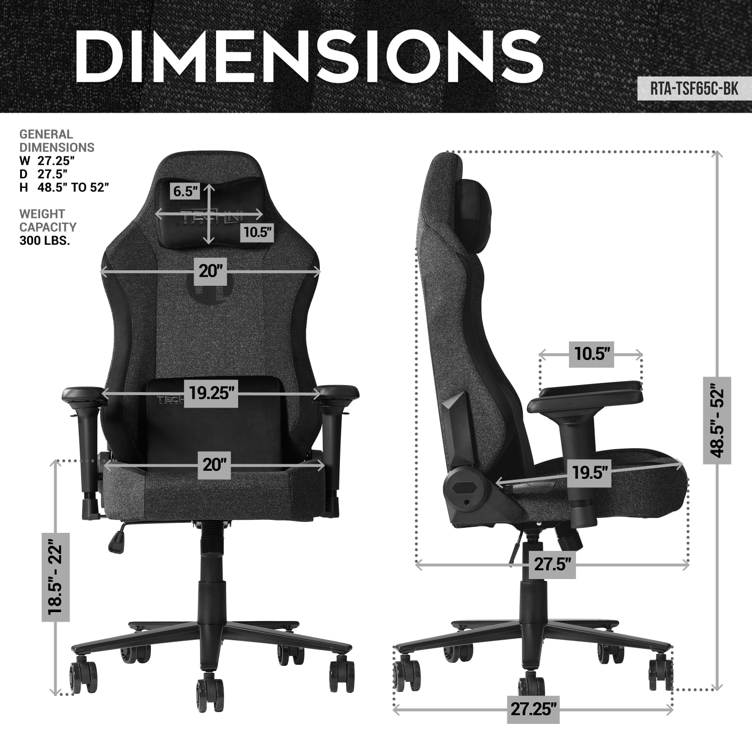 Techni Sport Orion Series Ergonomic Fabric Computer Gaming Chair, Black - Image 5