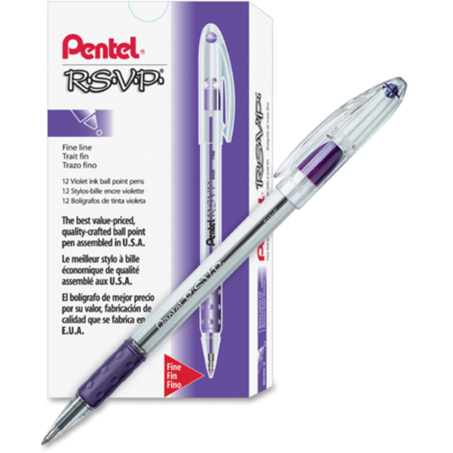 Pentel R.S.V.P. Ballpoint Stick Pens, Fine Point, 0.7 mm, Clear Barrel, Violet Ink, Pack Of 12 Pens - Image 5