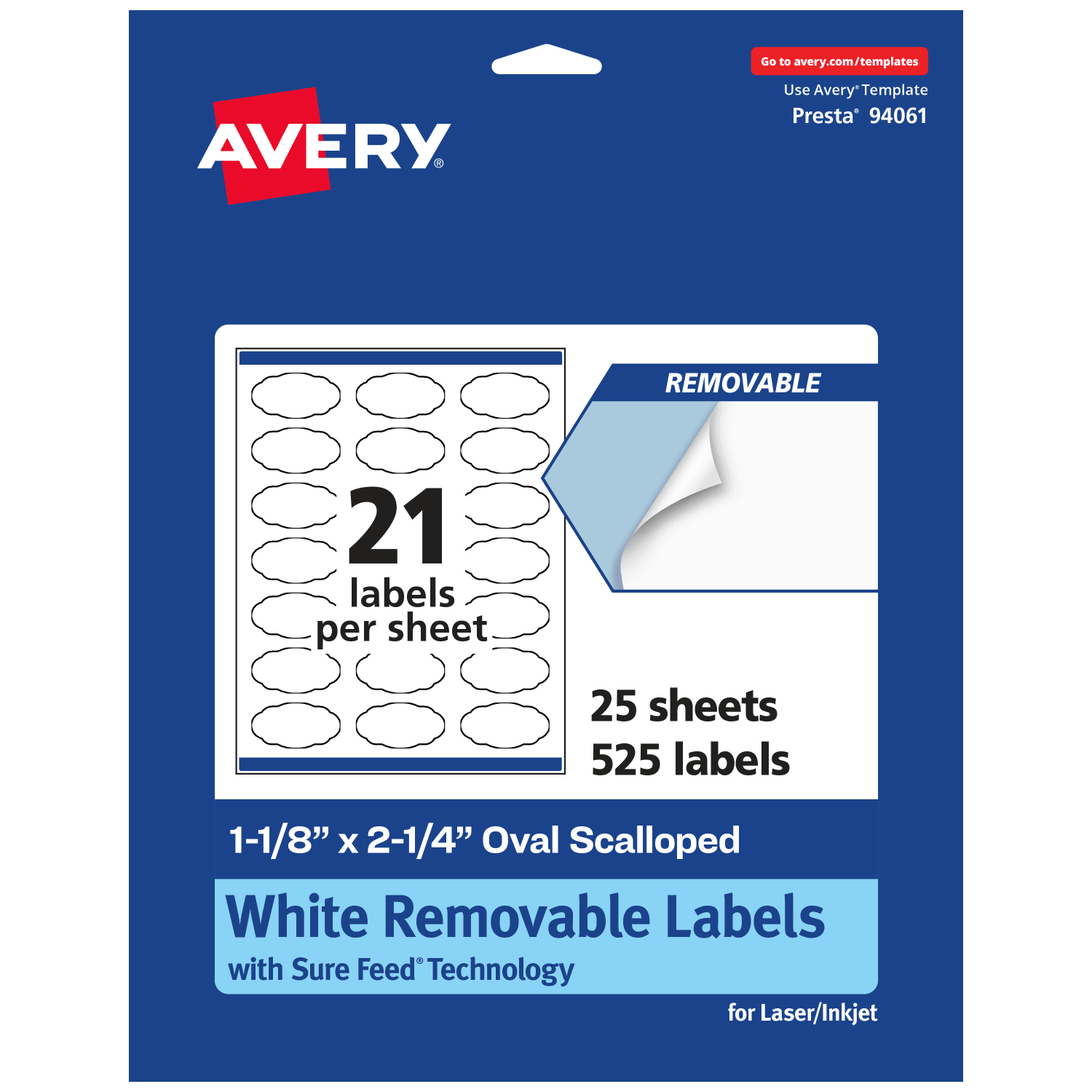 Avery Removable Labels With Sure Feed, 94061-RMP25, Oval Scalloped, 1-1/8in x 2-1/4in, White, Pack Of 525 Labels