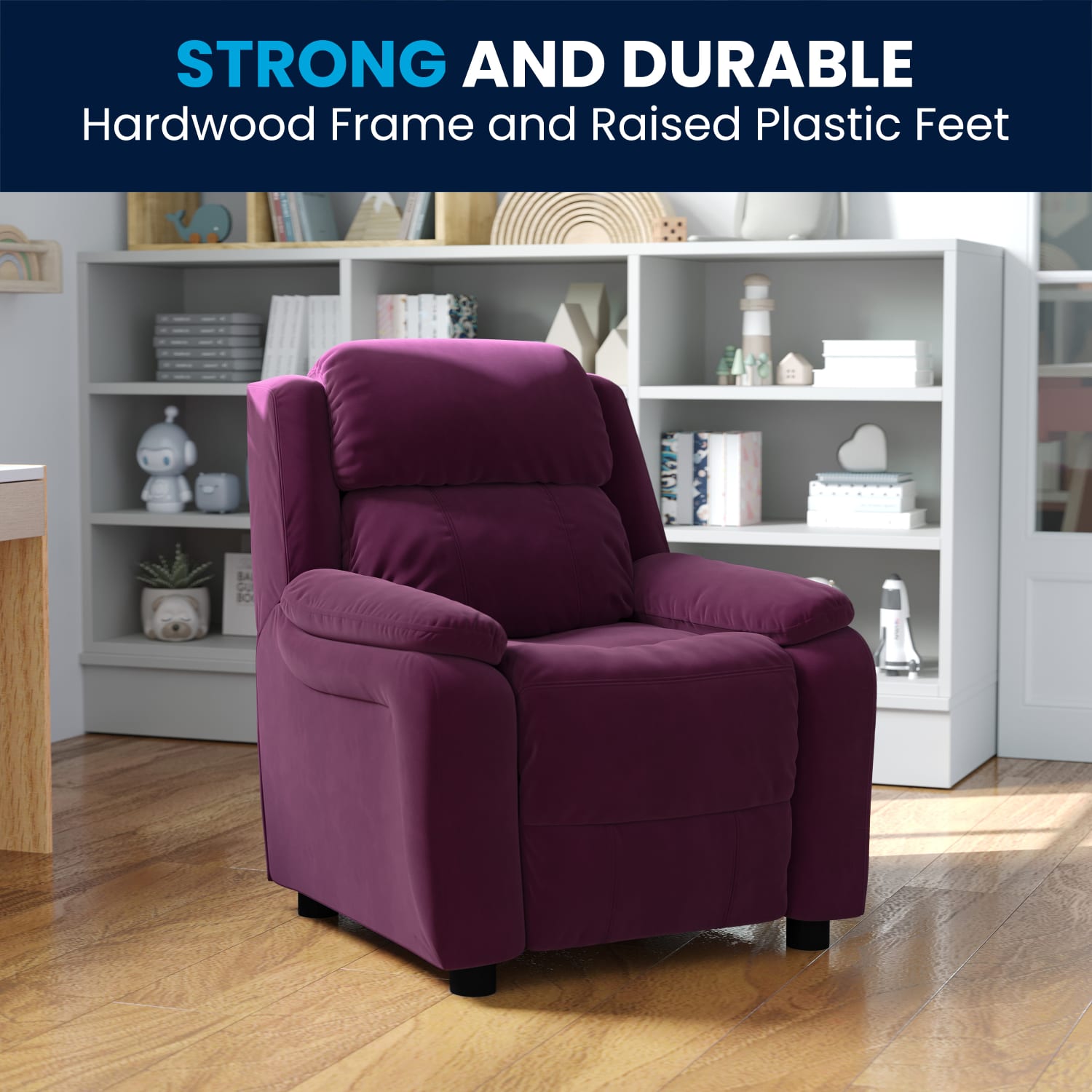 Flash Furniture Deluxe Padded Contemporary Microfiber Kids Recliner Accent Chair With Storage Arms, Purple - Image 3