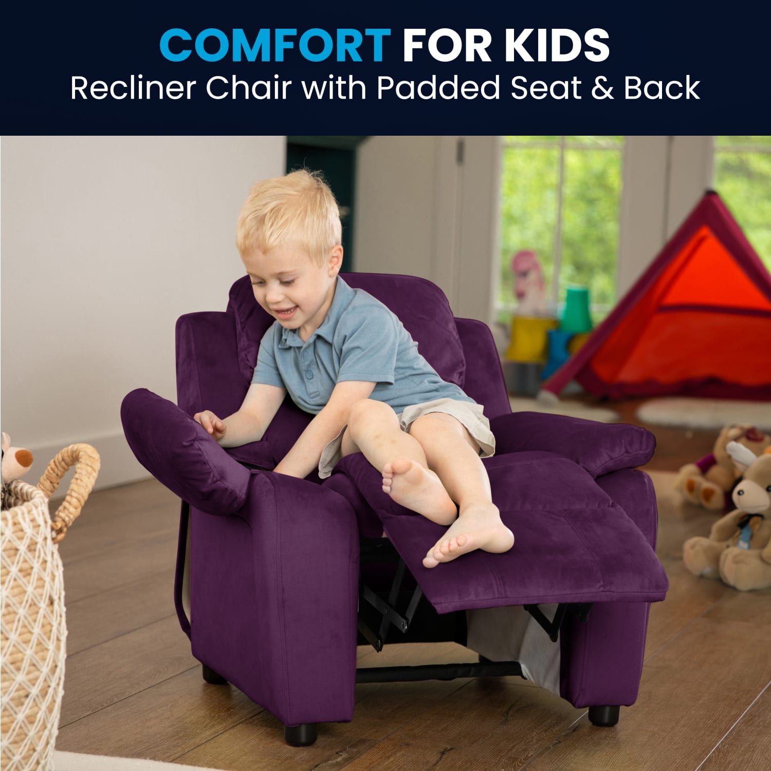 Flash Furniture Deluxe Padded Contemporary Microfiber Kids Recliner Accent Chair With Storage Arms Purple PopularChairscom