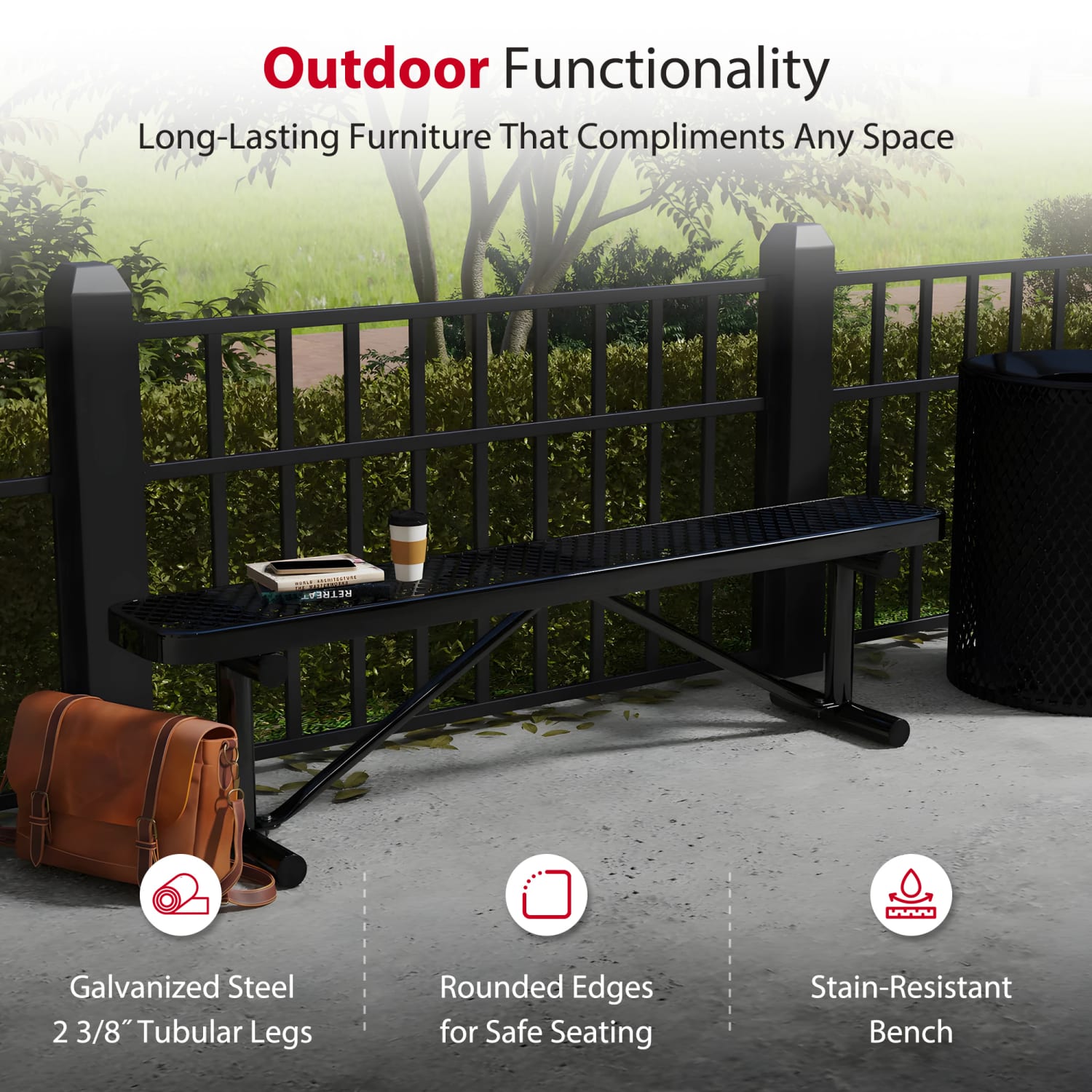 Leisure Craft Outdoor Bench, 18-3/8inH x 72inW x 15inD, Black - Image 4