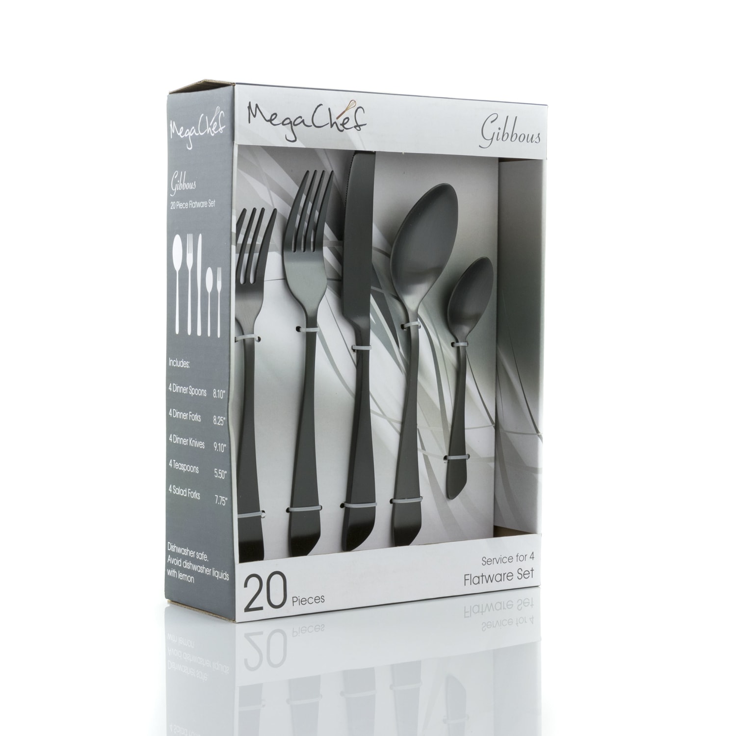 MegaChef Gibbous Stainless-Steel 20-Piece Flatware Utensil Set, Black - Image 6