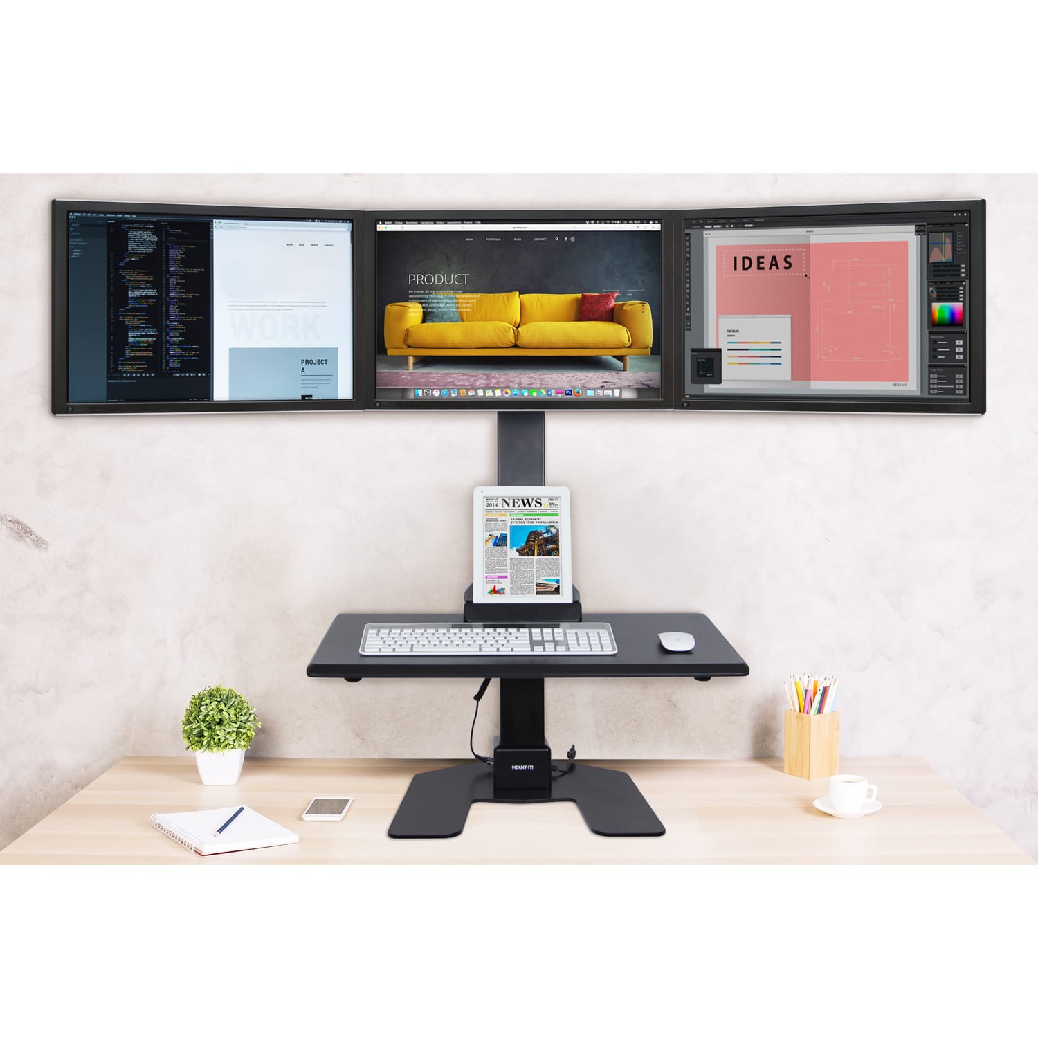 Mount-It! MI-7983 Triple-Monitor Electric Standing Desk Riser, Black - Image 6