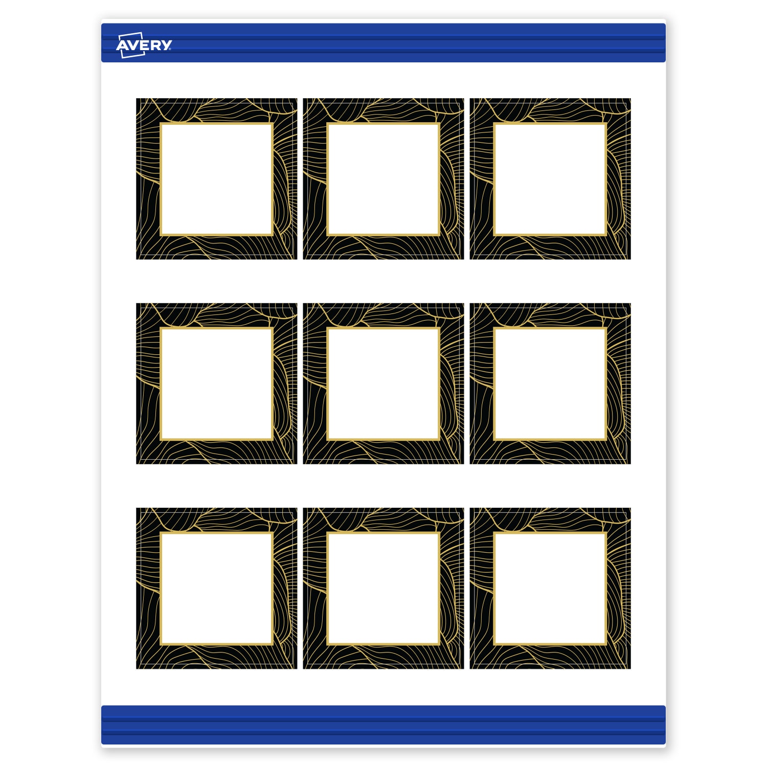 Avery Printable Cards With Sure Feed Technology, 2-1/2in x 2-1/2in, Matte White With Black Border with Gold Pattern, Pack Of 90