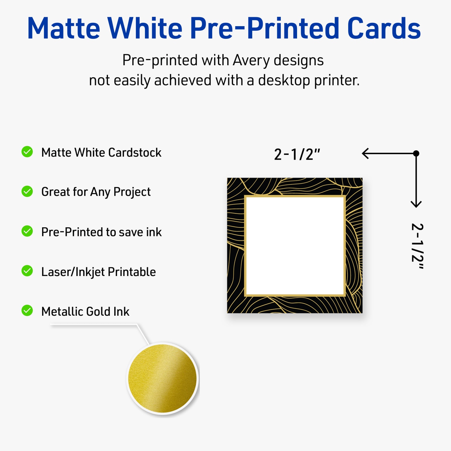 Avery Printable Cards With Sure Feed Technology, 2-1/2in x 2-1/2in, Matte White With Black Border with Gold Pattern, Pack Of 90 - Image 4