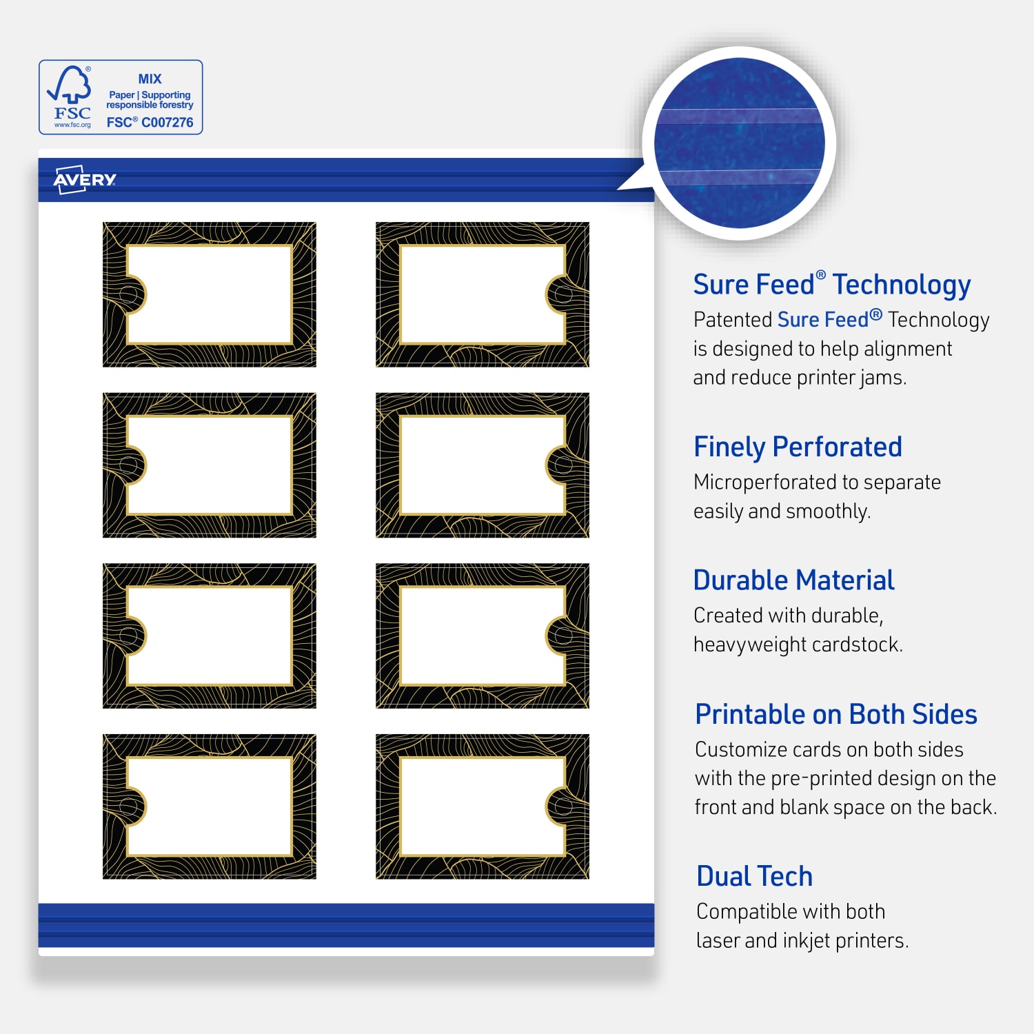 Avery Printable Cards With Sure Feed Technology, 2-1/2in x 2-1/2in, Matte White With Black Border with Gold Pattern, Pack Of 90 - Image 5