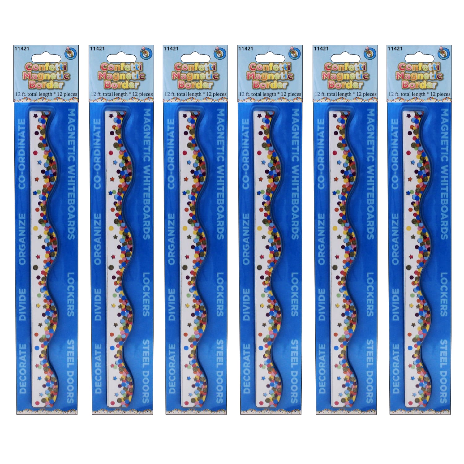Ashley Productions Magnetic Scallop Borders, 12in x 1in, Confetti, 12 Borders Per Pack, Set Of 6 Packs