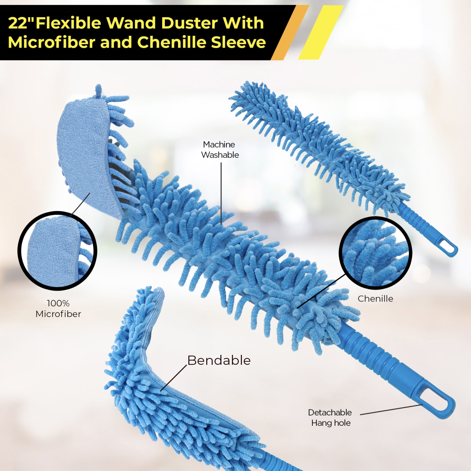 Gritt Commercial Flexible Wand Duster With Microfiber And Chenille Sleeve, 22in, Blue - Image 3