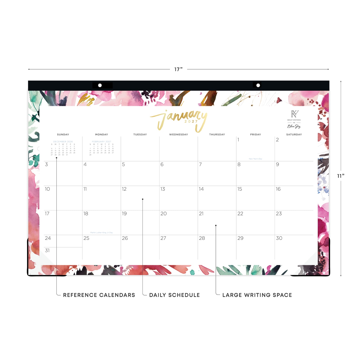 2027 Blue Sky Magenta Blooms Monthly Desk Pad Planning Calendar, 17x11, 0%, Magenta Blooms, Jan-Dec, RY27 - Image 3