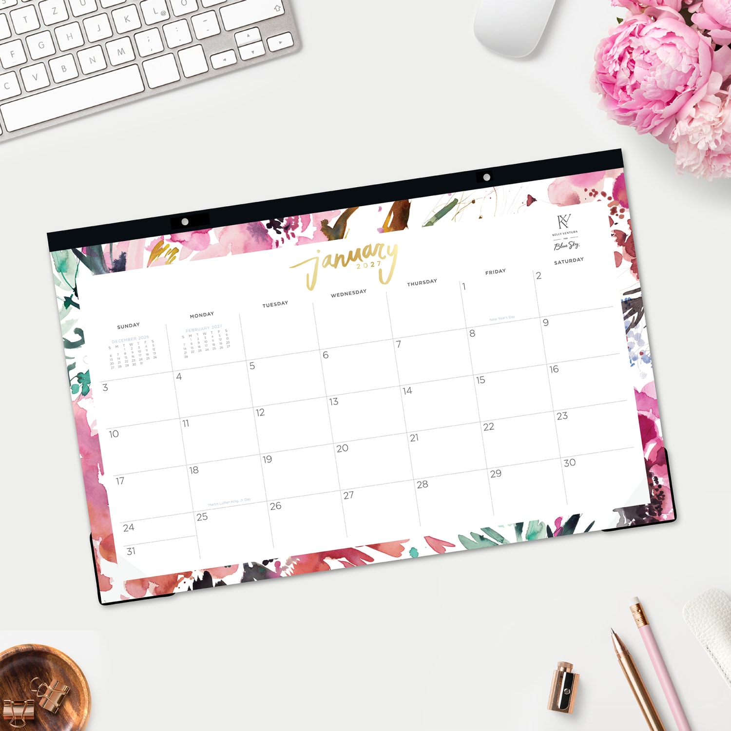 2027 Blue Sky Magenta Blooms Monthly Desk Pad Planning Calendar, 17x11, 0%, Magenta Blooms, Jan-Dec, RY27 - Image 4