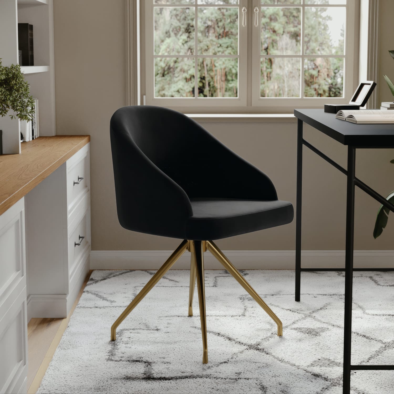 Martha Stewart Sora Upholstered Mid-Back Stationary Office Task Chair, Velvet, Black/Polished Nickel