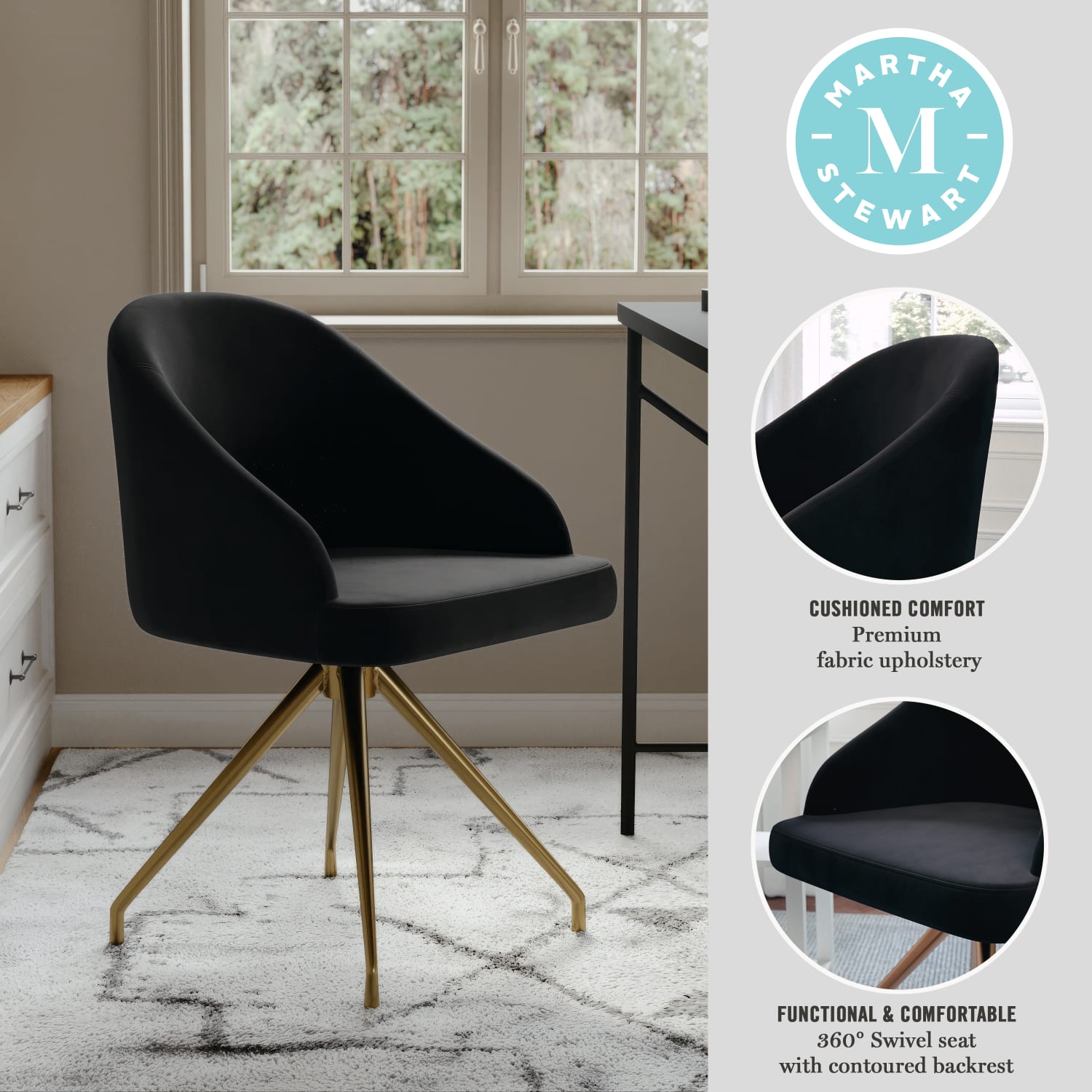 Martha Stewart Sora Upholstered Mid-Back Stationary Office Task Chair, Velvet, Black/Polished Nickel - Image 4