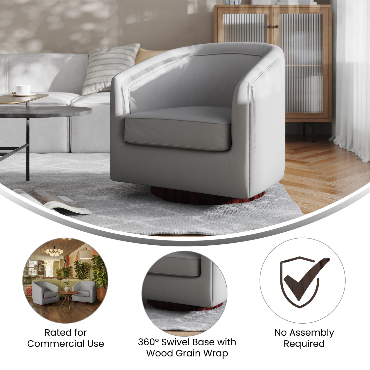 Flash Furniture Dean Club Style Commercial LeatherSoft Barrel Accent Armchair with 360 Degree Swivel Metal Base and Sloped Armrests Gray LeatherSoft PopularChairscom