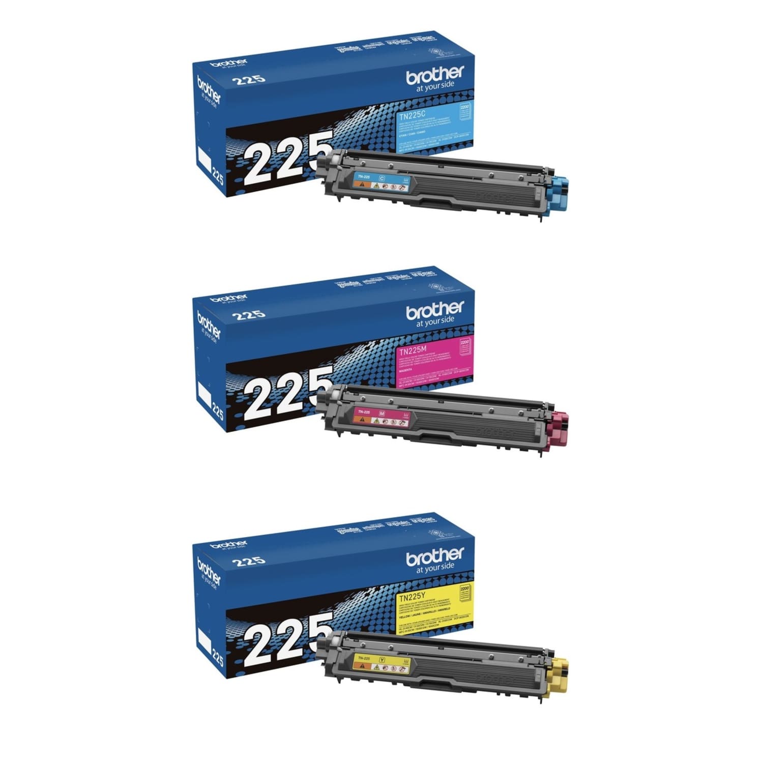 Brother TN225 Cyan; Magenta; Yellow High Yield Toner Cartridges, Pack Of 3, TN225CMY-OD